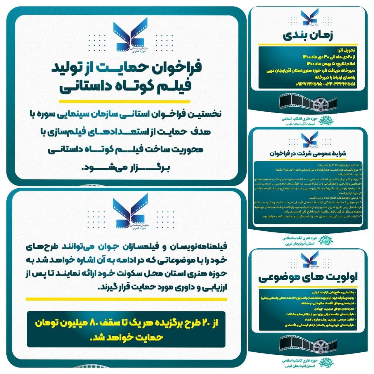 سازمان سینمایی سوره حوزه هنری از طرح‌های برگزیده در بخش فیلم‌های کوتاه حمایت می کند
